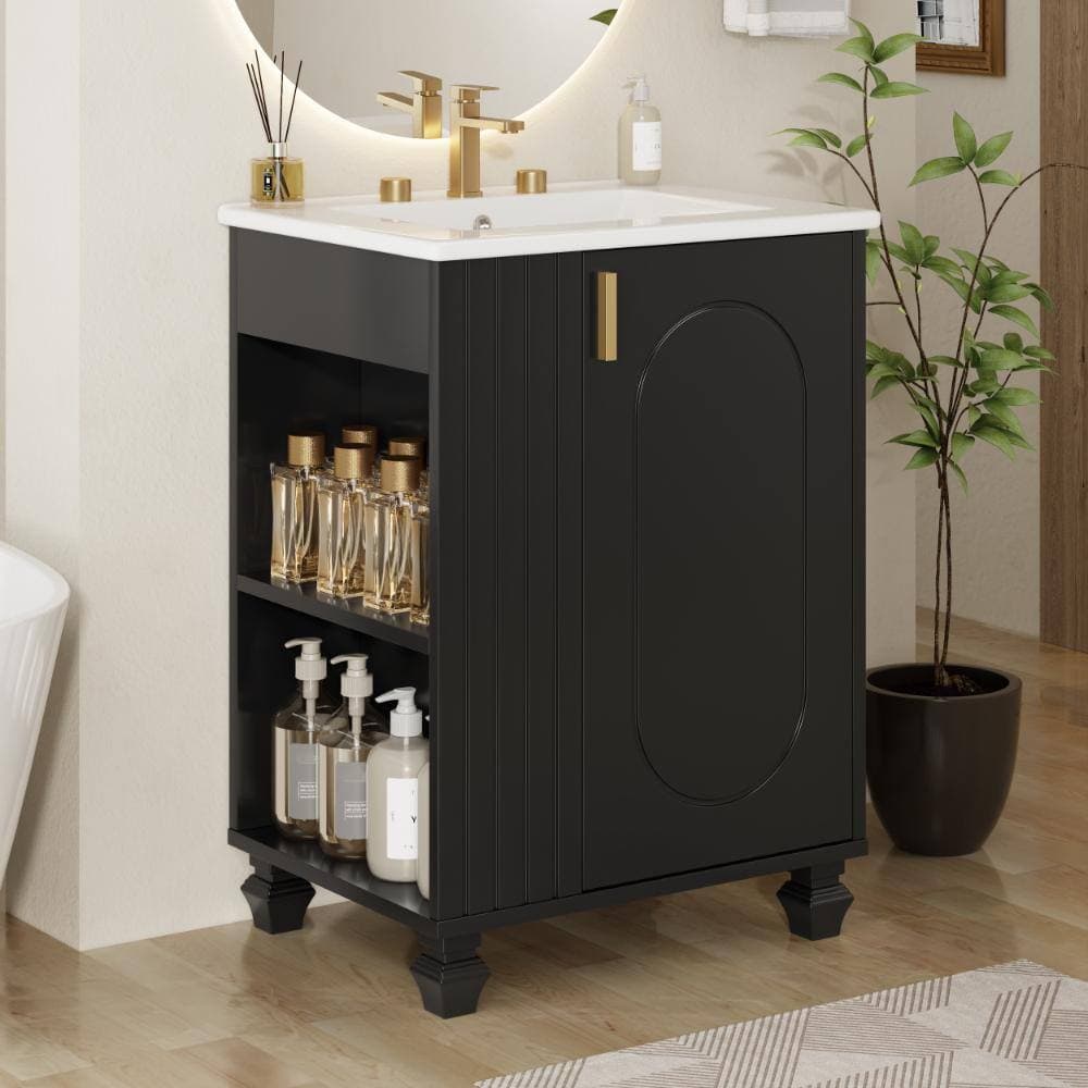 Flynama 24" Black Vanity Sink,Soft Close Door,Side Open Storage,Solid Wood Frame (2)
