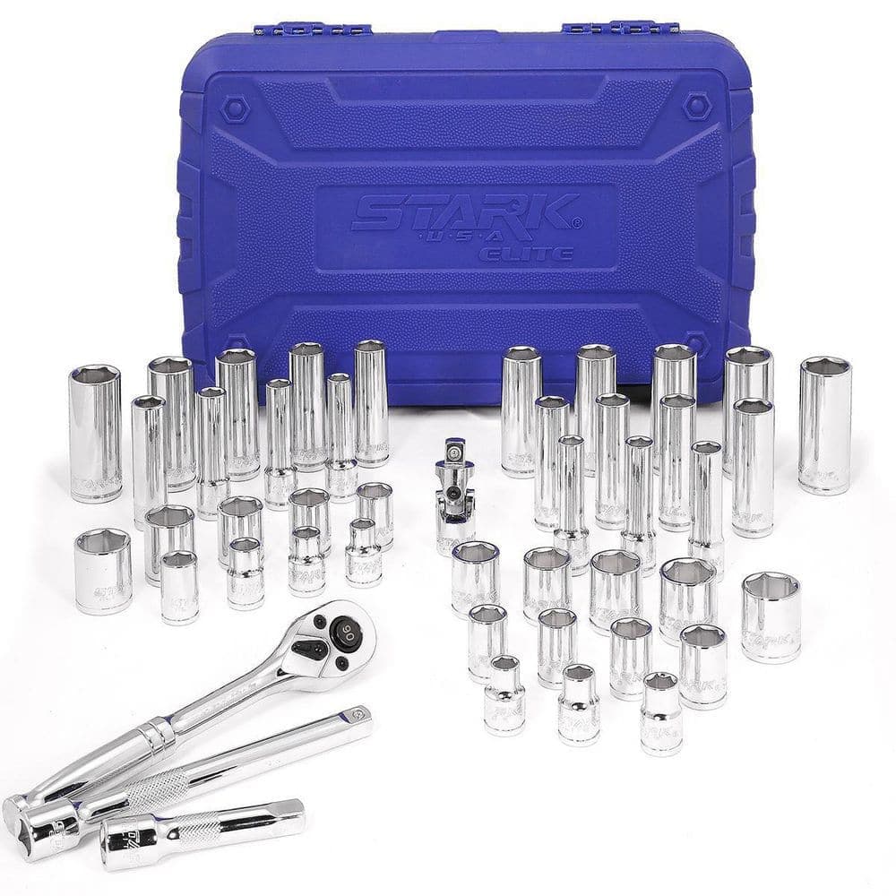 STARK USA 3/8 in. Drive Socket Set (SAE/MM) 90T Ratchet Extension Bar 6pt Socket Set (47-Pieces)