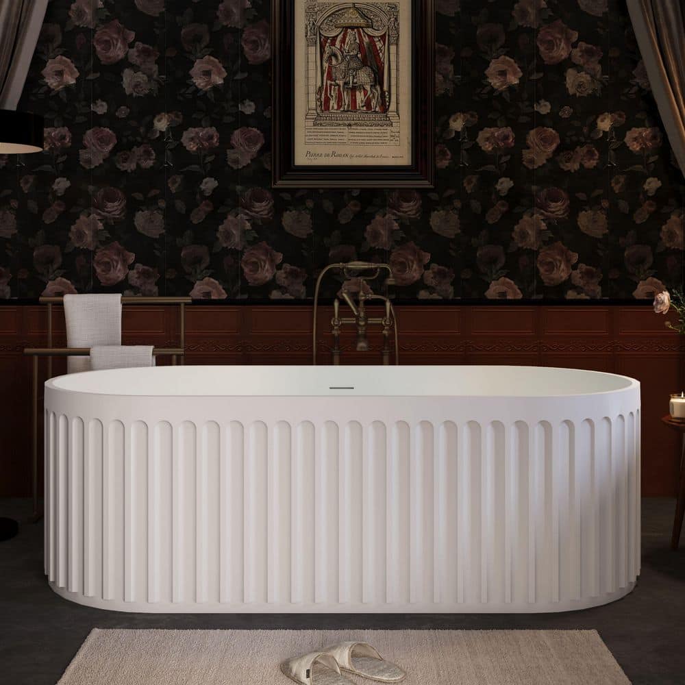 WELLFOR 67 in. x 30 in. Fluted Design Solid Surface Freestanding Soaking Bathtub in Matte White with Overflow and Pop-up Drain (1)