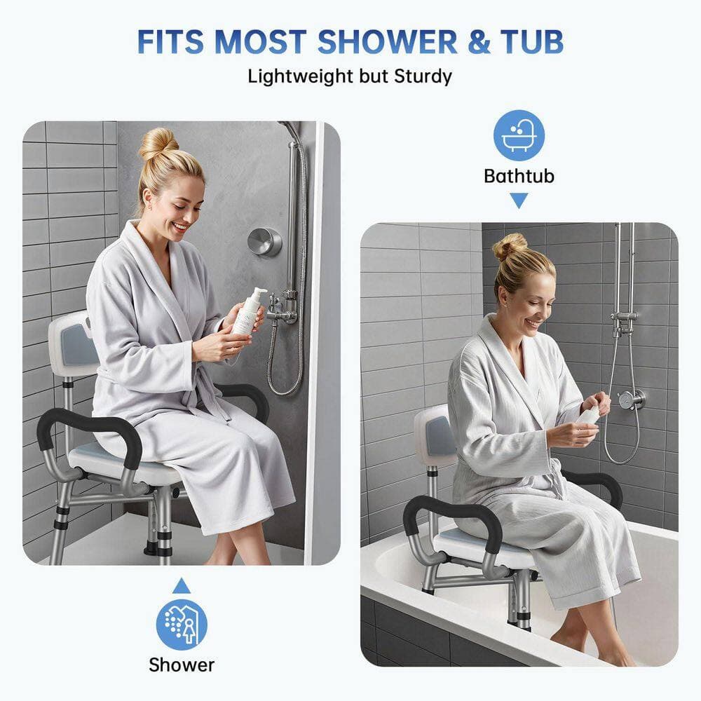 Wudkey 1-Piece Bathroom Accessory Set in Gray, Adjustable Shower Chair with Arms and Back, Heavy Duty 550 lbs. (2)