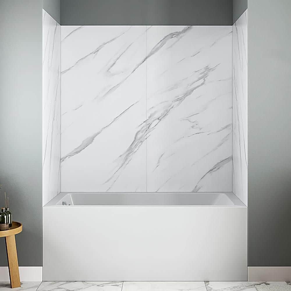 Streamline DSH-1140-106 32 in. L x 60 in. W x 55 in. H 4-Piece Glue-Up Alcove Bathtub Wall Surround in White Marble Finish (1)