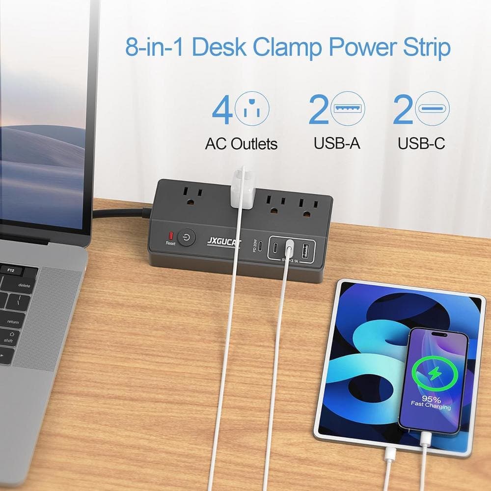 Ahfiwaso 10' Desk Clamp Surge Protector Power Strip, PD20W Fast Charging Station with 4 AC Outlets and 4 USB Ports(2 USB-C) Black (2)
