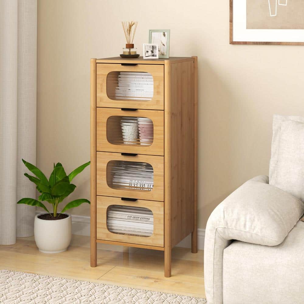 Volenca 4-Drawer Dresser Bamboo Storage Cabinet with Fluted Tempered Glass Drawers (2)