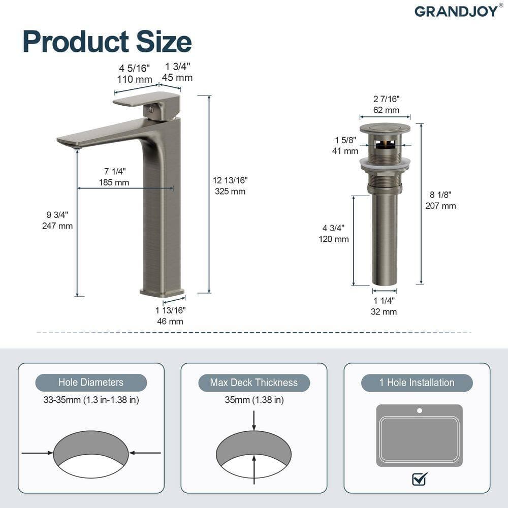 GRANDJOY 11.5 in. H Vessel Sink Faucet, 1-Handle Solid Brass Bathroom Single-Hole Faucet with Drain in Brushed Nickel (3)