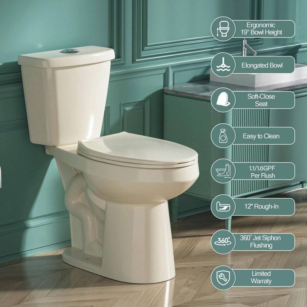 Kuomih 19 in. ADA Height Toilet 2-Piece 1.1/1.6 GPF Dual Flush Elongated Heightened Toilet in Bone High Toilet 12 in. Rough In (2)