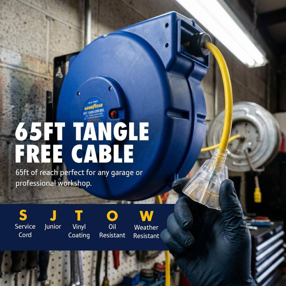 Goodyear 65 ft. 12/3 15 Amp Retractable Extension Cord Reel with 3-Grounded Outlets and Tri-Tap End (2)