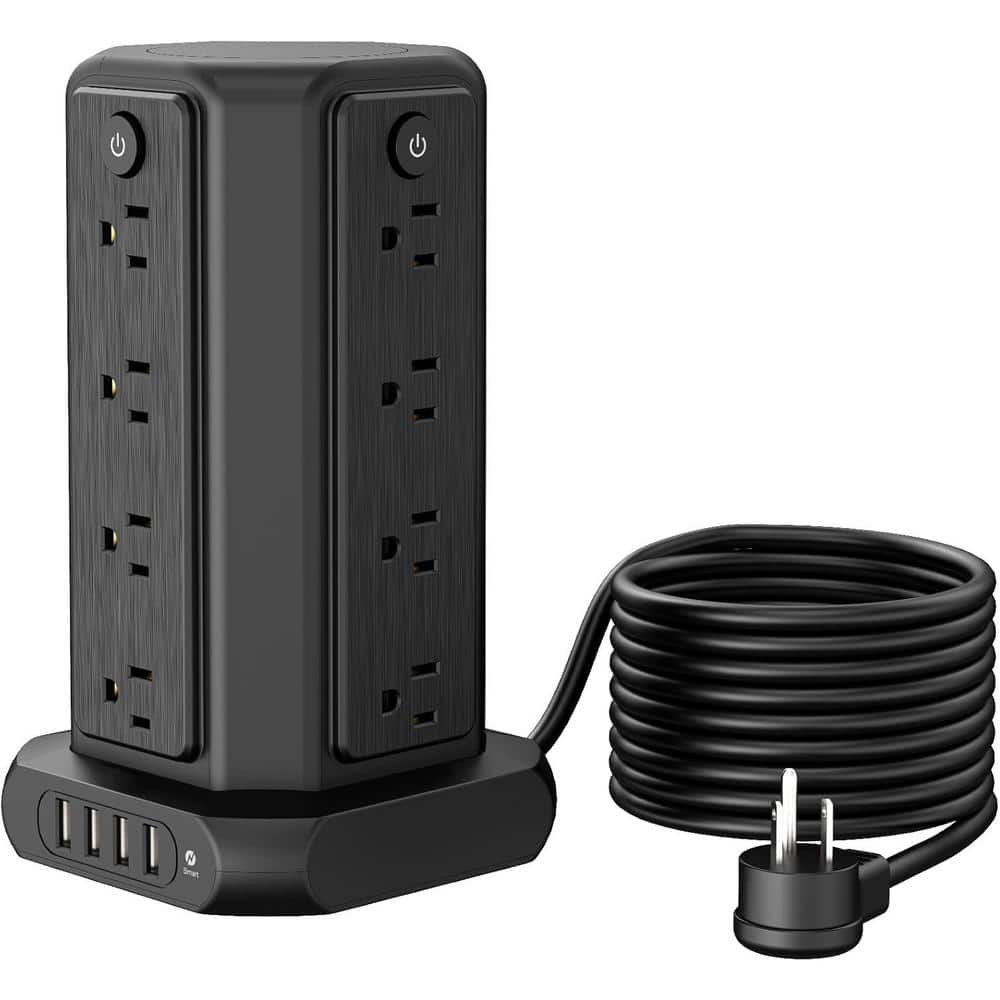 Yichuhaoxi 15 ft. Cord Flat Plug 16-Outlets Surge Protector Power Strip Tower with 4 USB-A Ports, 1080 Joules in Black (1)