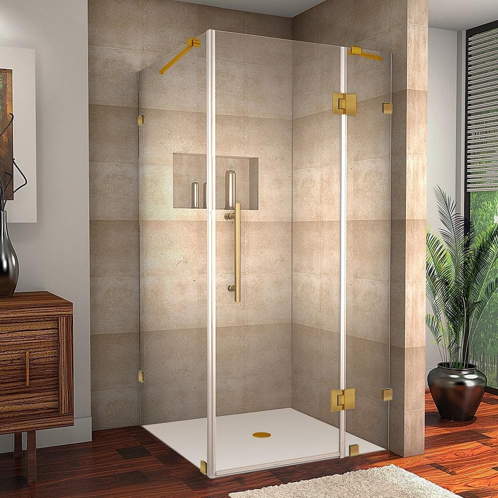 Aston Avalux 32 in. x 34 in. x 72 in. Rectangular Pivot Frameless Corner Shower Enclosure in Brushed Gold with Clear Glass (1)