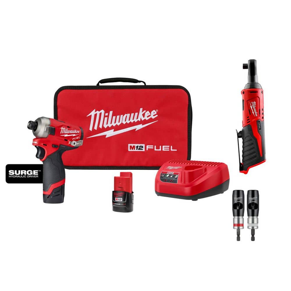 Milwaukee M12 FUEL SURGE 12V 1/4 in. Hex Impact Kit w/ (2) 2. 0Ah Batteries, Bag with M12 3/8 in. Ratchet with 2-Pc Wire Stripper (1)