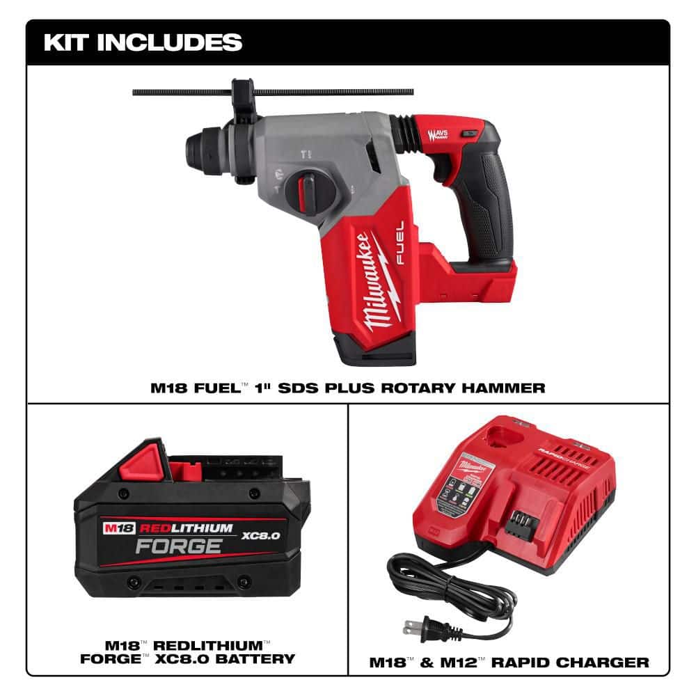 Milwaukee M18 FUEL 18V Lith-Ion Brushless Cordless 1 in. SDS-Plus Rotary Hammer w/ FORGE 8. 0Ah Battery & Charger (2)