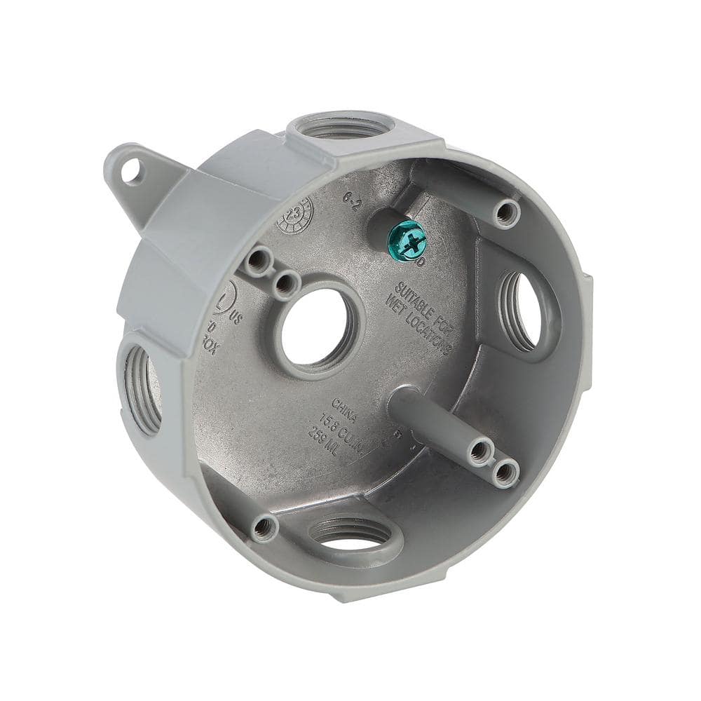 Commercial Electric 4 in. Round Metallic Weatherproof Outlet Box with (5) 1/2 in. Holes, Gray (4)