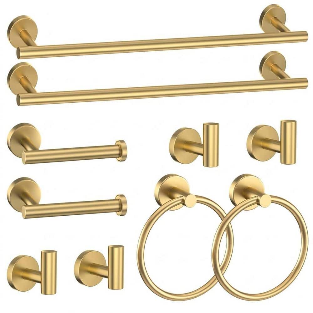 Unbranded 10-Piece Brushed Gold Stainless Steel Wall-Mounted Round 23.6 in. Bathroom Towel Bar Hardware Set Kit
