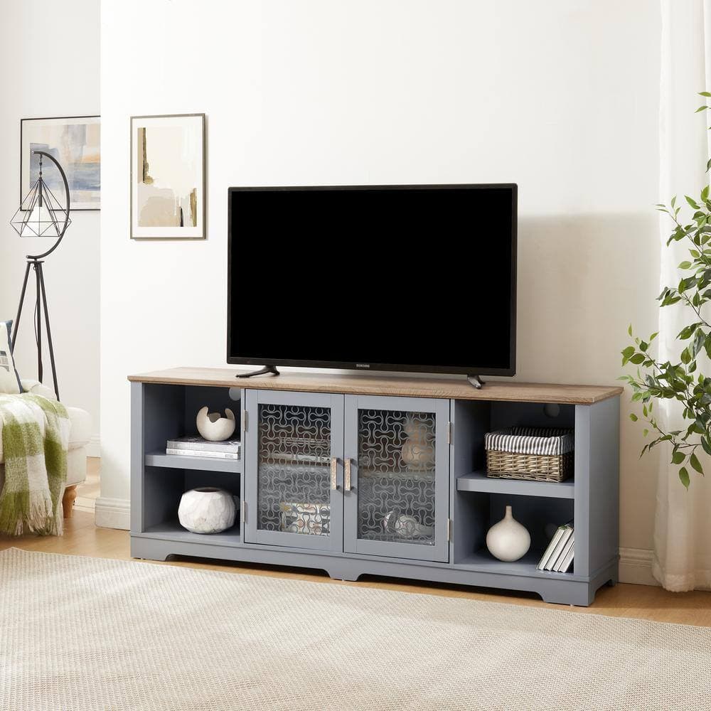 Unbranded 70 in. W x 15.55 in. D x 26.85 in. H Blue Linen Cabinet with Open Shelves and Glass Door, TV Stand for TV up to 80 in. (2)