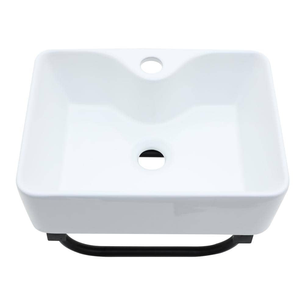 Kichae 16 Inch White Ceramic Wall Mounted Small Rectangular Bathroom Sink with Black Bracket and Faucet Hole (1)