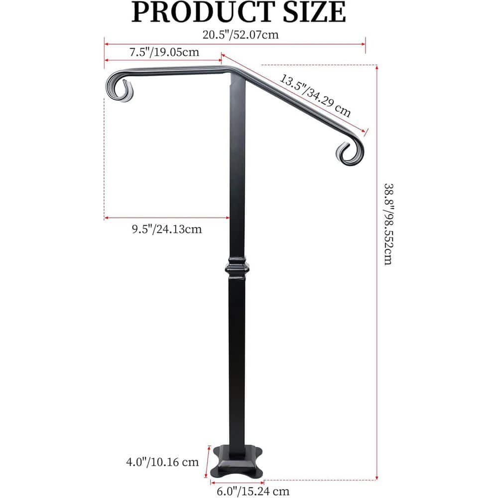 Afoxsos 21 in.W Wrought Iron Handrail Railing Single Post Stair Railing for Concrete w/ Base for 1-2 Steps Outdoor Porch (3)