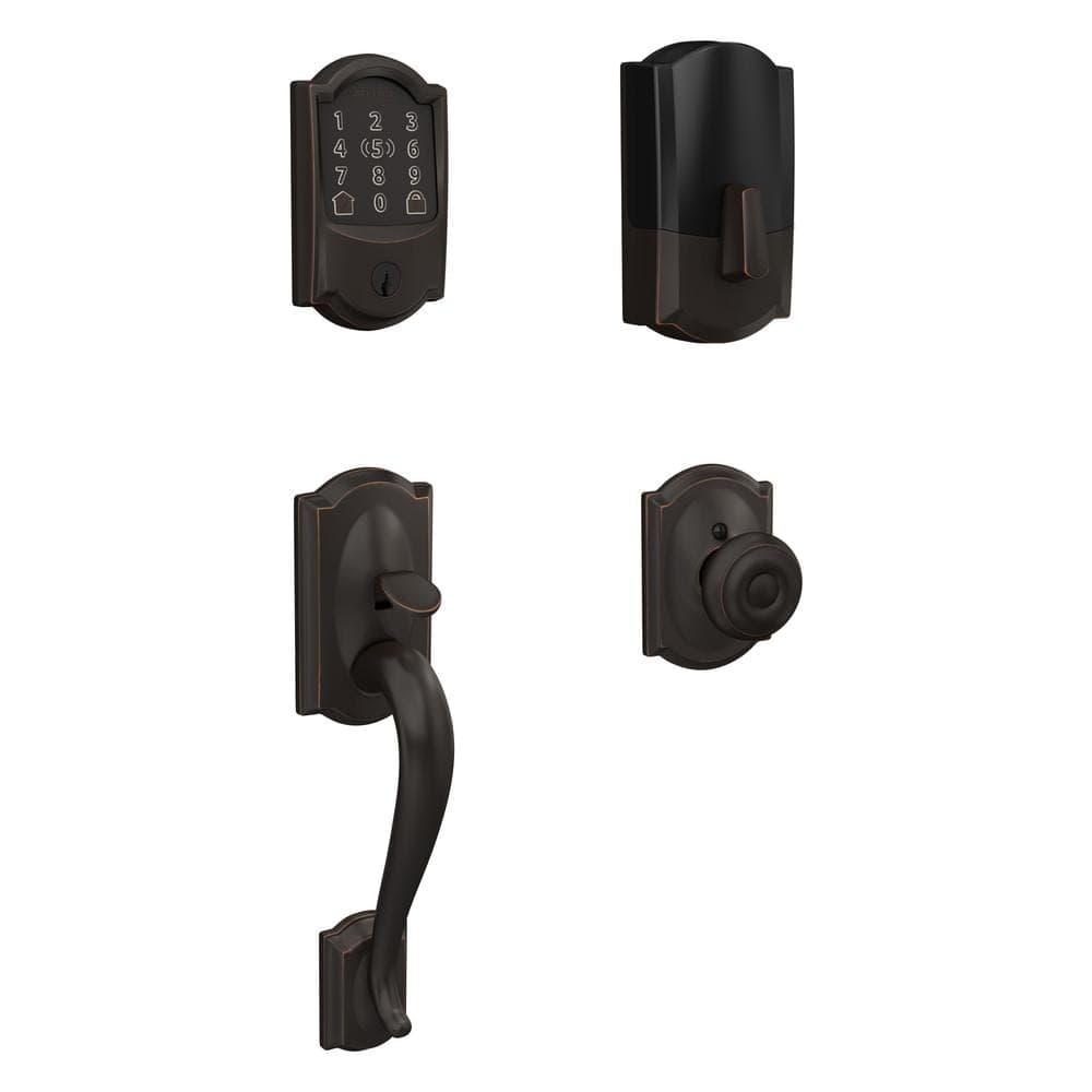 Schlage Camelot Aged Bronze Encode Plus Smart WiFi Deadbolt and Handleset Grip with Georgian Door Knob and Camelot Trim