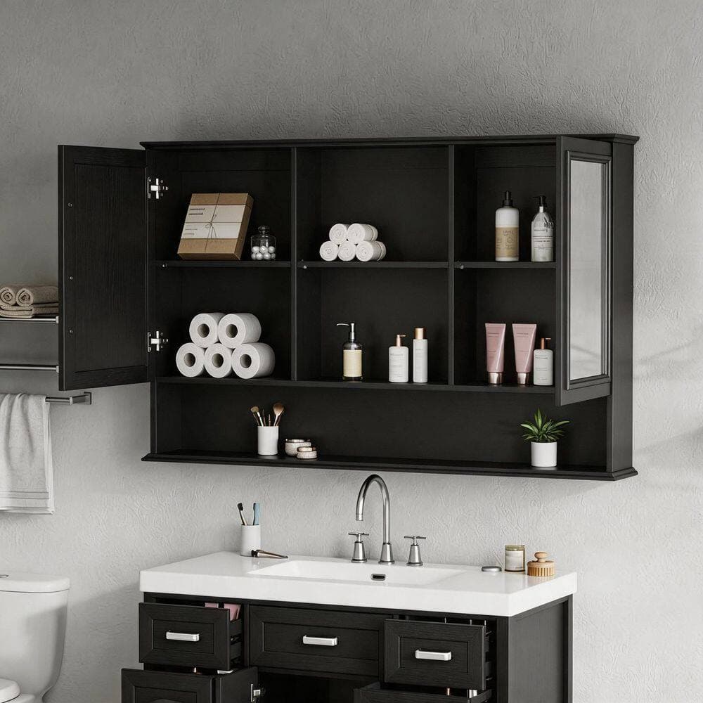 RKZHOPT 60 in. W x 35 in. H Black Rectangular Wood Medicine Cabinet with Mirror, Open Storage Shelves, Mirrored Bathroom Cabinet (3)