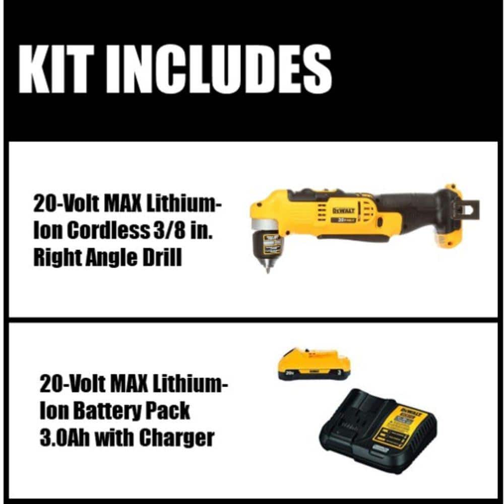 DEWALT 20V MAX Cordless 3/8 in. Right Angle Drill/Driver and (1) 20V 3.0Ah Battery and Charger (2)