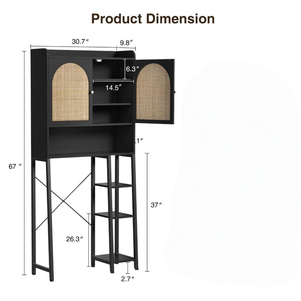 Whatseaso 30.7 in. W x 679 in H x 9.8 in. D Wood in Black Over The Toilet Storage Cabinet with Metal Stand and Wood Rack (2)
