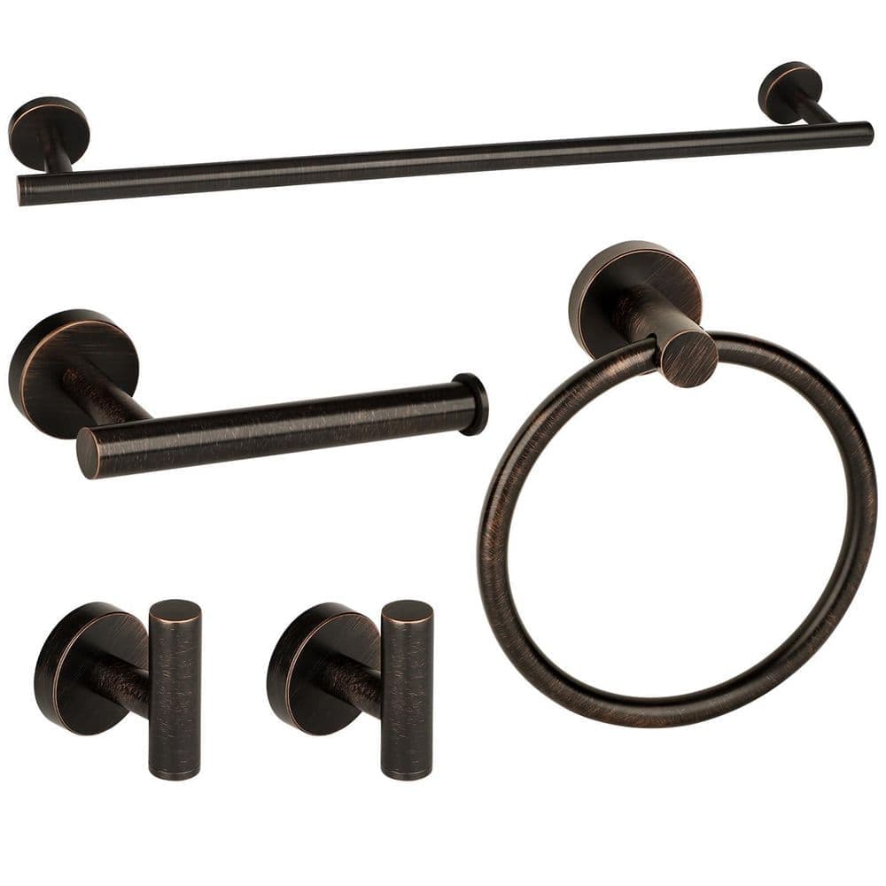 Anqtovp 5-Piece Bathroom Hardware Accessories Set with Towel Bar, Towel Ring, Toilet Paper Holder, Robe Hooks in Bronze (1)