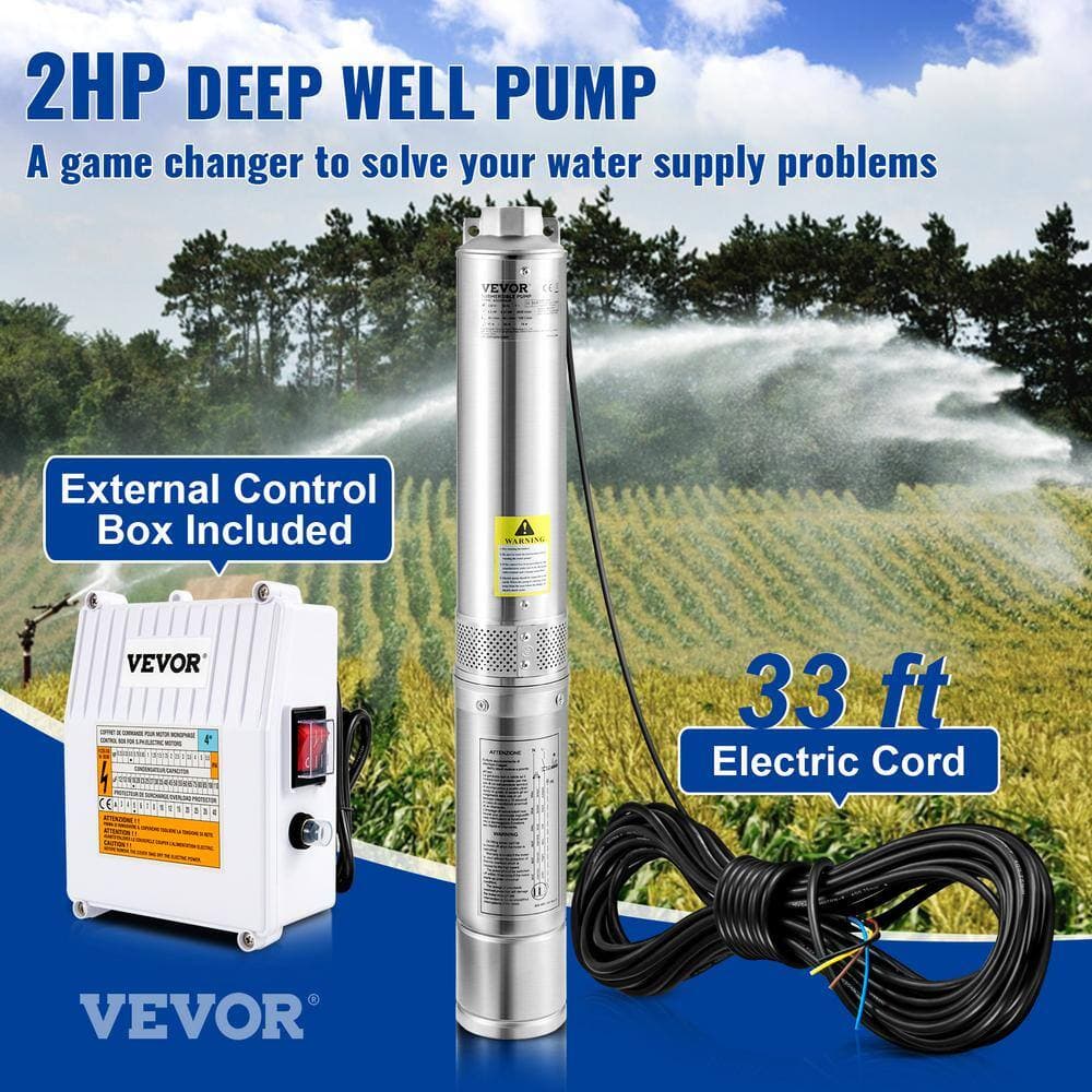 VEVOR Deep Well Submersible Pump, 2HP 230V/60Hz, 37GPM 427 ft. Head, 33 ft. Cord and External Control Box, 4 in. Water Pumps (2)