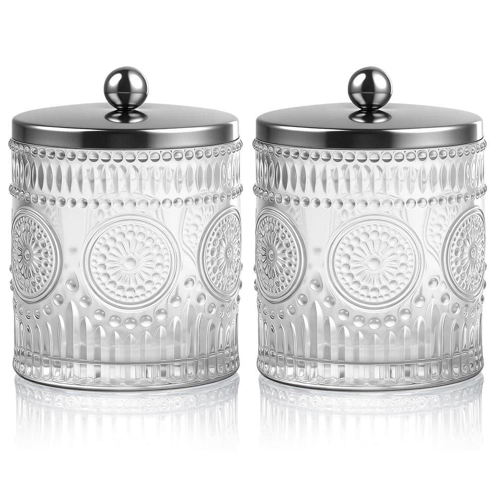 KHKFY Glass Bathroom Canisters with Zinc Alloy Lids, Vintage Sunflower Embossed Design, Set of 2, 20 fl. oz. Each