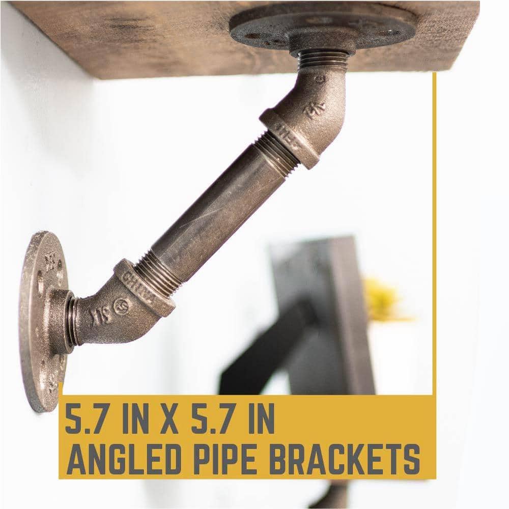 PIPE DECOR 1/2 in. Black Pipe 5.75 in. W x 5.75 in. H Wall Mounted Double Flange Angled Shelf Bracket Kit (4-Pack) (3)