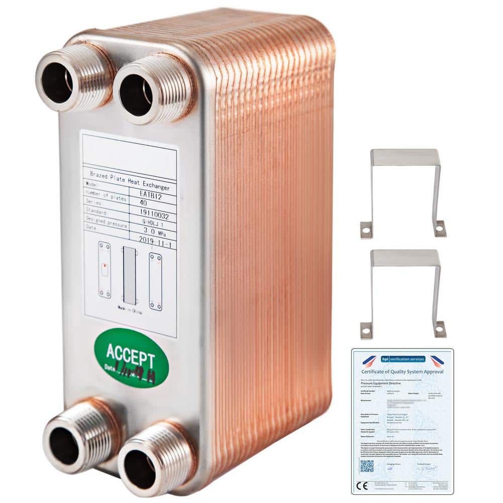 VEVOR Heat Exchanger 3 in. x 7.5 in. 40 Plates 316L 3/4 in. MPT Heat Exchanger B3-12A Beer Wort Chiller for Hydronic Heating (1)