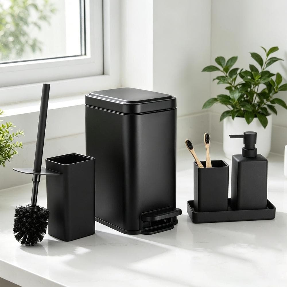 Unbranded Matte Black 5 Piece Bathroom Countertop Accessory Set with 5 L Soft Close Trash Can and Tray Toilet Brush (3)