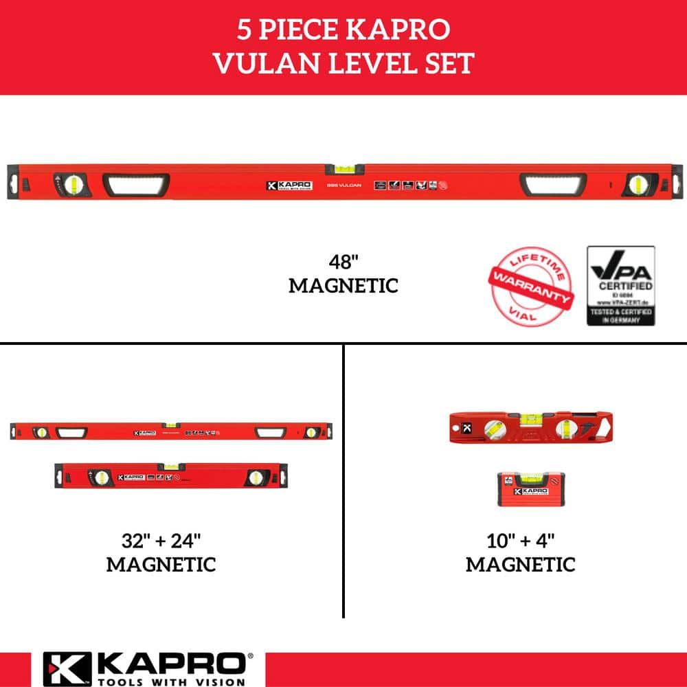 Kapro Vulcan Set 4 in., 10 in., 24 in., 32 in., 48 in. Aluminum Magnetic Box Level 5-Piece Set (2)