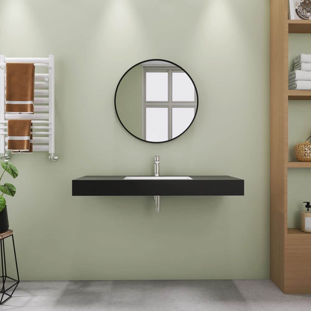 SJ STAR&JANE 47 x 19 in. Solid Surface Wall Mount or Countertop Bathroom Double Vessel Sink with Faucet Holes in Black (1)