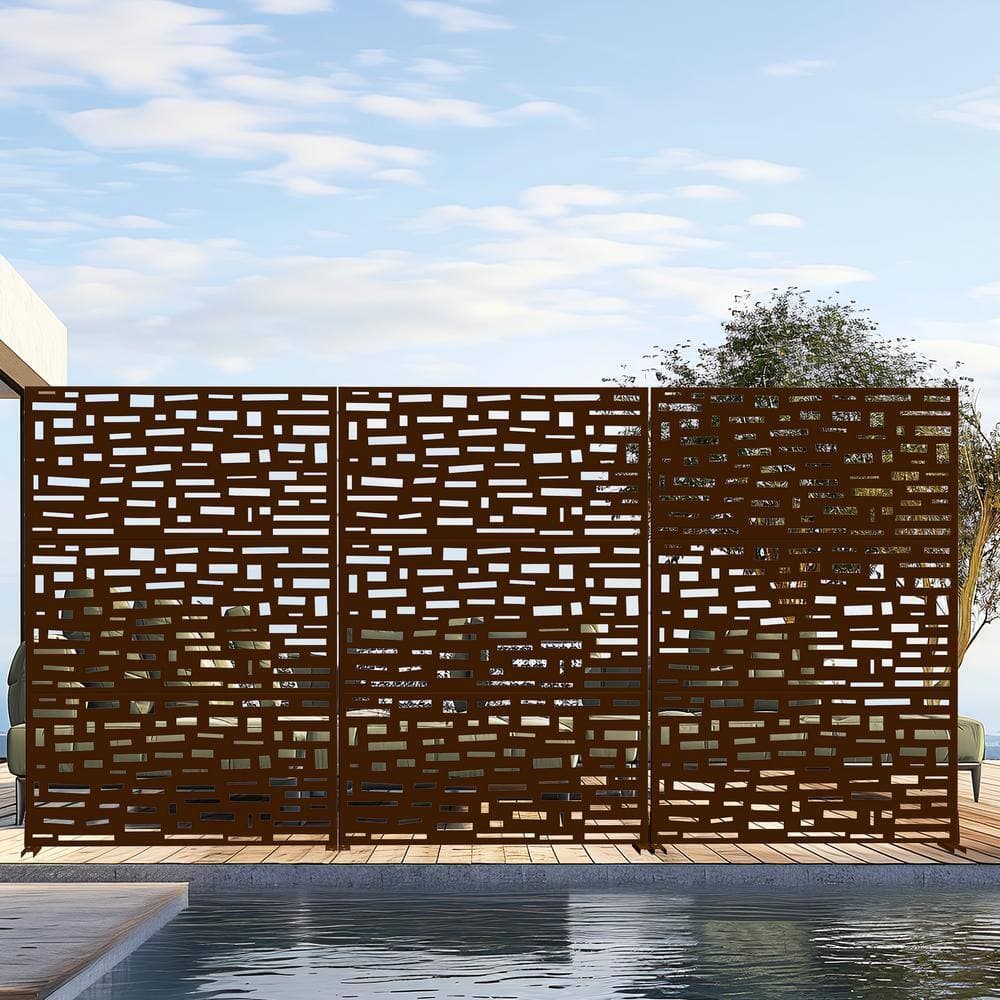 Dovelina 72 in. Gerald Metal Outdoor Garden Fence Privacy Screen Garden Screen Panels in Brown (3)