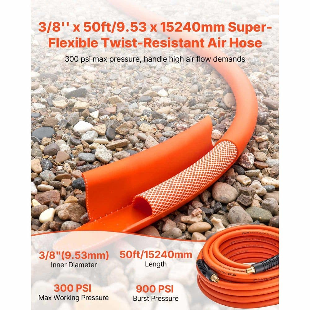 VEVOR Air Hose, 3/8in. x 50ft. Hybrid Air Hose, Lightweight, Kink Resistant, Pneumatic Hoses 1/4 in. Solid Brass Male Fitting (2)