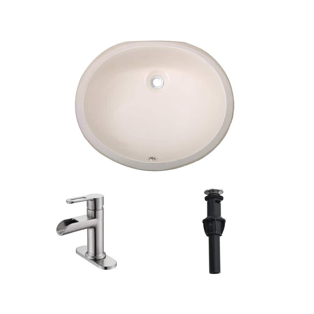 CHESHIRE 17 in. Undermount Oval Bathroom Sink with Overflow Drain Biscuit with Single Handle Waterfall Faucet in Brushed Finish