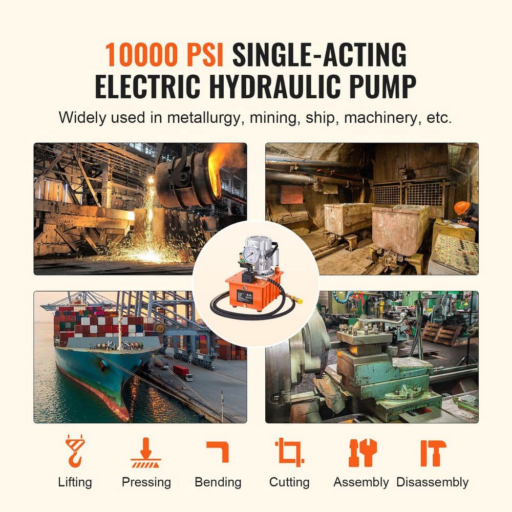 SKYSHALO Electric Hydraulic Pump, 10000 PSI 750W 110V, 488 in³/8L Capacity, Single Acting Manual Valve, Driven Hydraulic Pump (3)