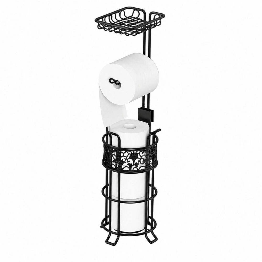 KHKFY Free-Standing Toilet Paper Holder with Shelf Holds 3 Jumbo Rolls Black Metal Floral Bathroom Organizer (3)