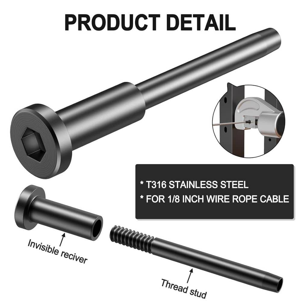 KIWDZFU 0.13 in. H x 1 in. W Black Metal Invisible Receiver and Swage Stud End for Cable Railing, Stair Railing Kit (3)