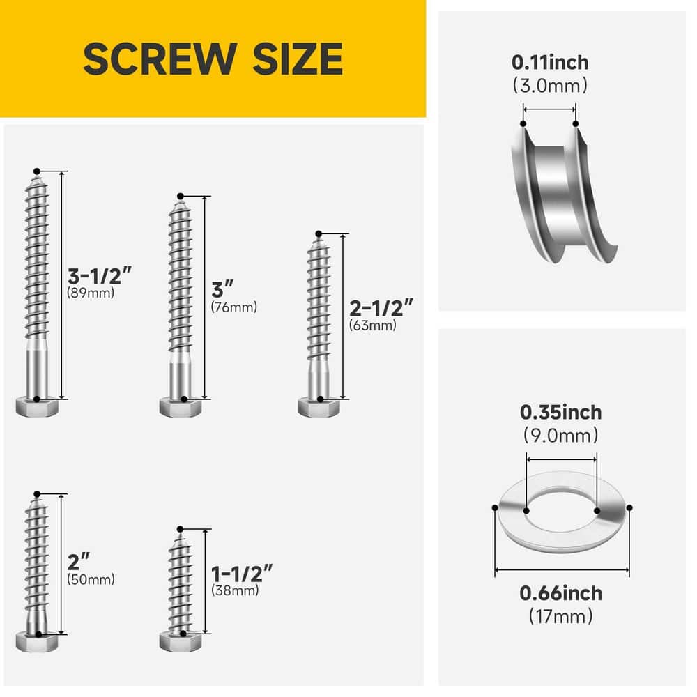 MYWISH 3/8" Hex Head Lag Screw Kit (46-Pcs), 304 Stainless Steel with Washers for Deck & Outdoor Wood Construction (2)