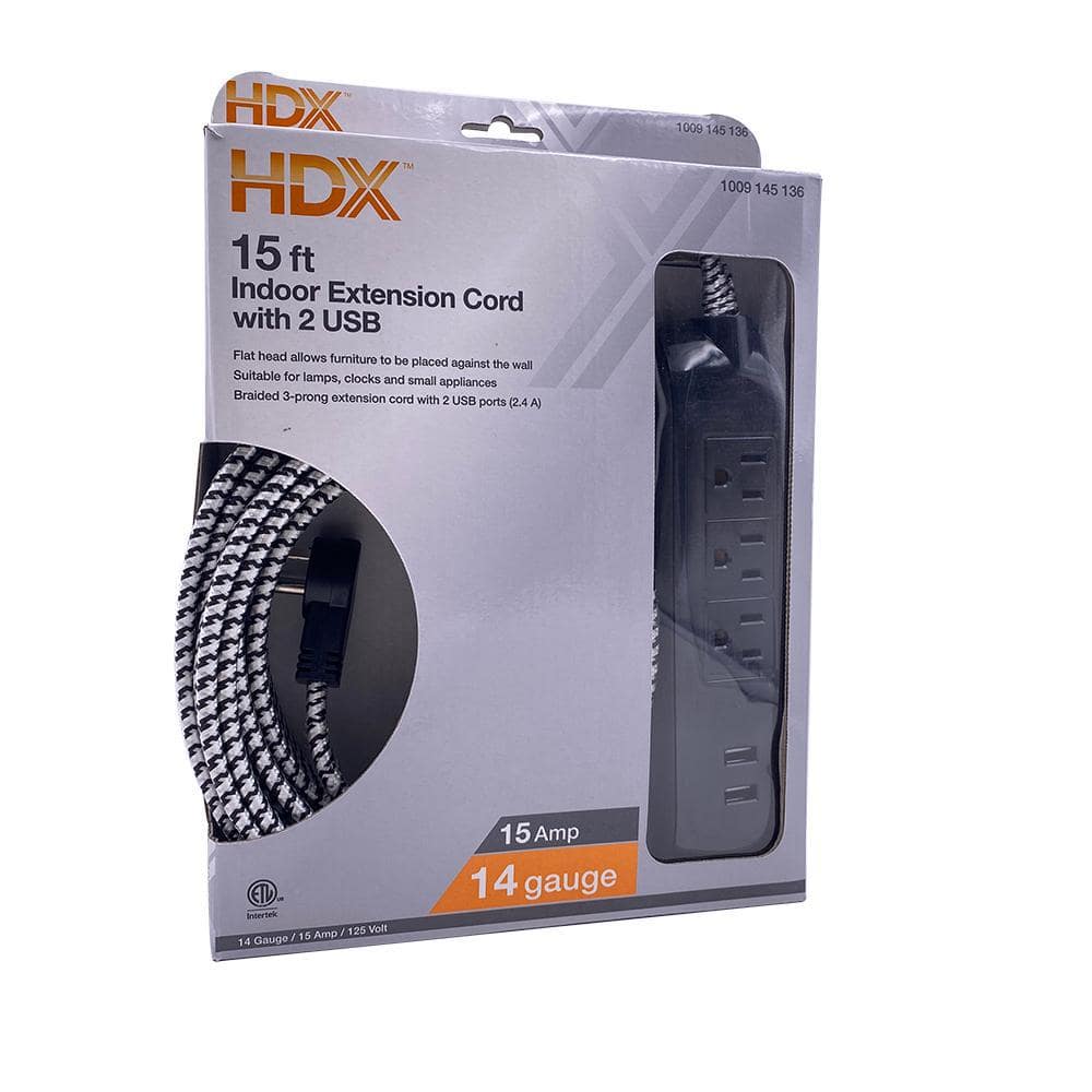 HDX 15 ft. 14/3 Light Duty Indoor Braided Extension Cord with 2 USB-A and 3 Outlets, Black/White