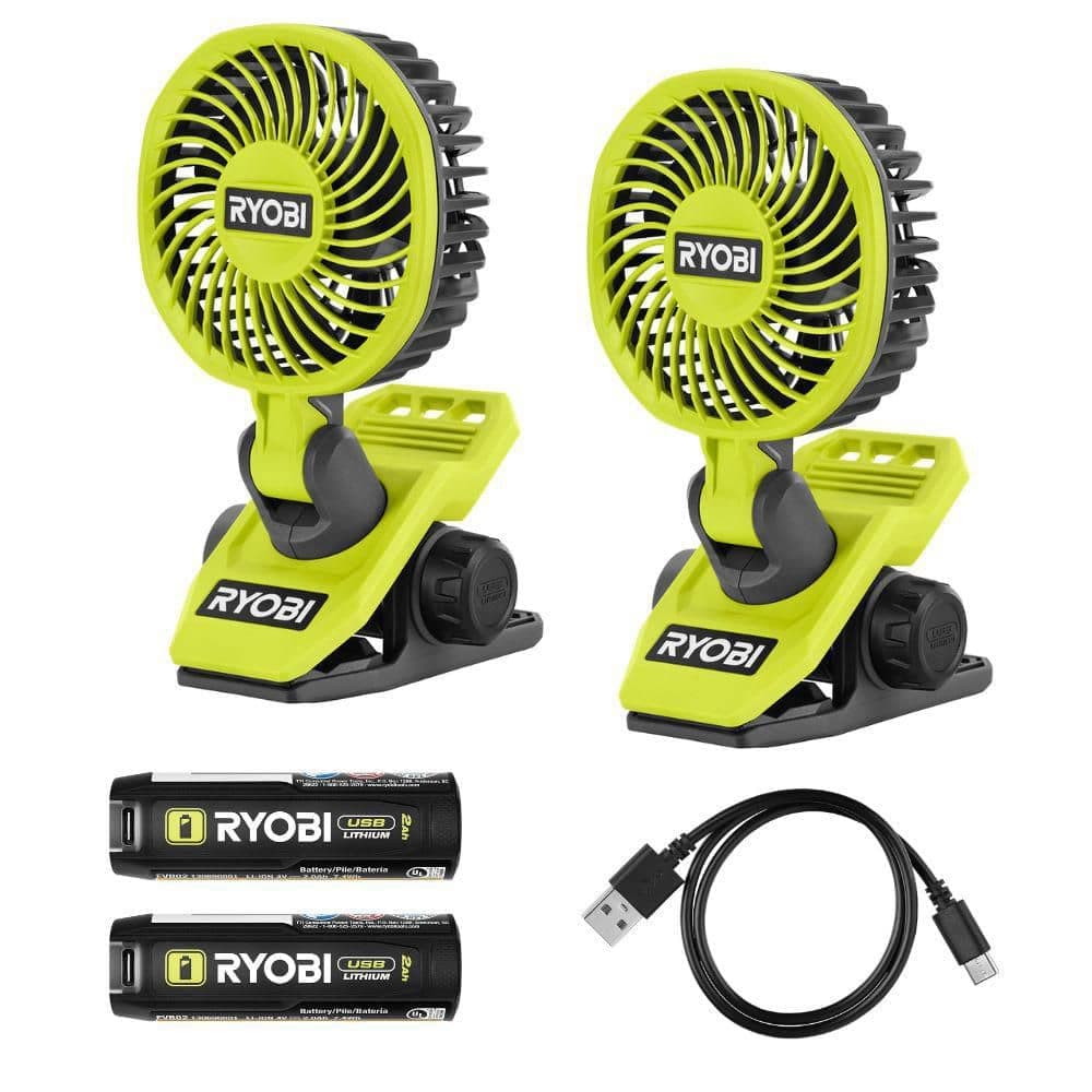 RYOBI USB Lithium Clamp Fan Kit 2-Pack with (2) 2.0 Ah USB Lithium Batteries and Charging Cable (1)