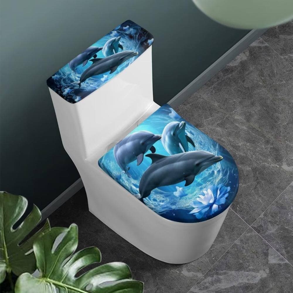 Unbranded 2-Piece Light Blue Dolphin Toilet Lid Tank Cover Set Polyester Universal Floral Coastal Bathroom Decor (2)