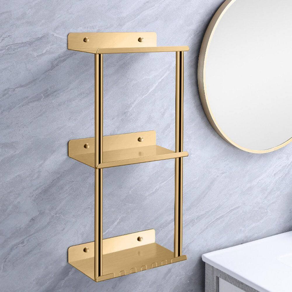 paraheeter Series 6.11 in. W x 11.22 in. H x 2.17 in. D Steel Square Shape Three-Tier Wall Mounted Bathroom Shelf in Gold (3)
