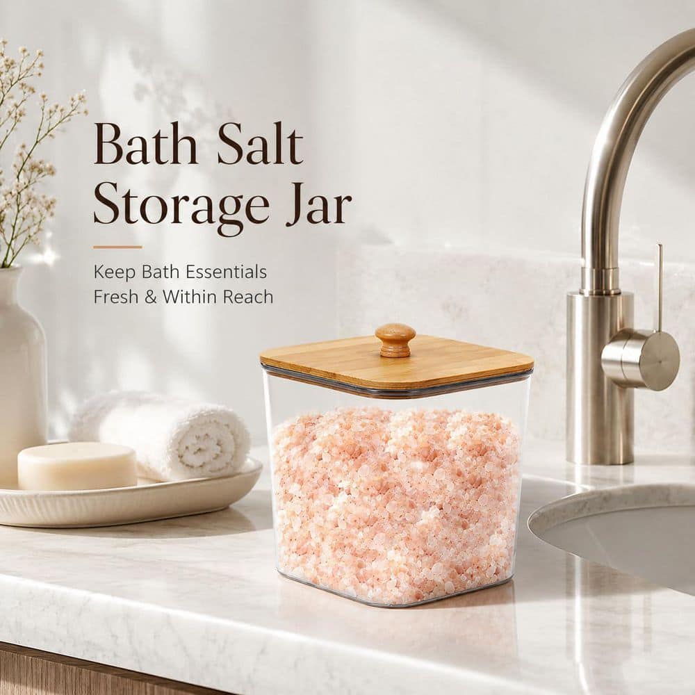 KHKFY Clear PET Bath Salt Jars with Bamboo Lids and Handles, 2 Pack, 6.1 in. L x 6.1 in. W x 7 in H Airtight (3)