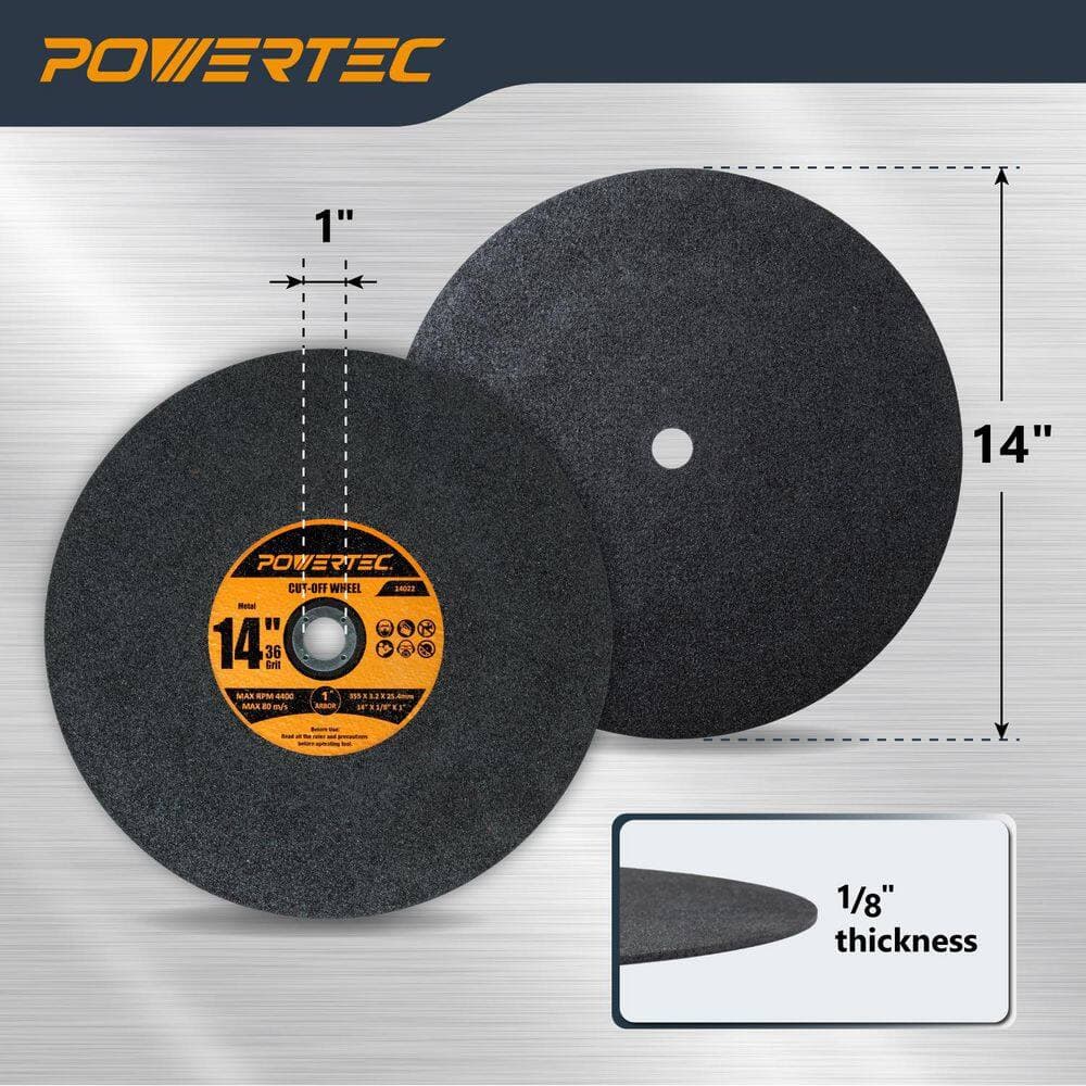 ‎POWERTEC 14 in. Metal Cut Off Wheels (5-Pack), Iridium-Coated Aluminum Oxide 36 Grit, 1/8 in. Thick with 1 in. Arbor (3)