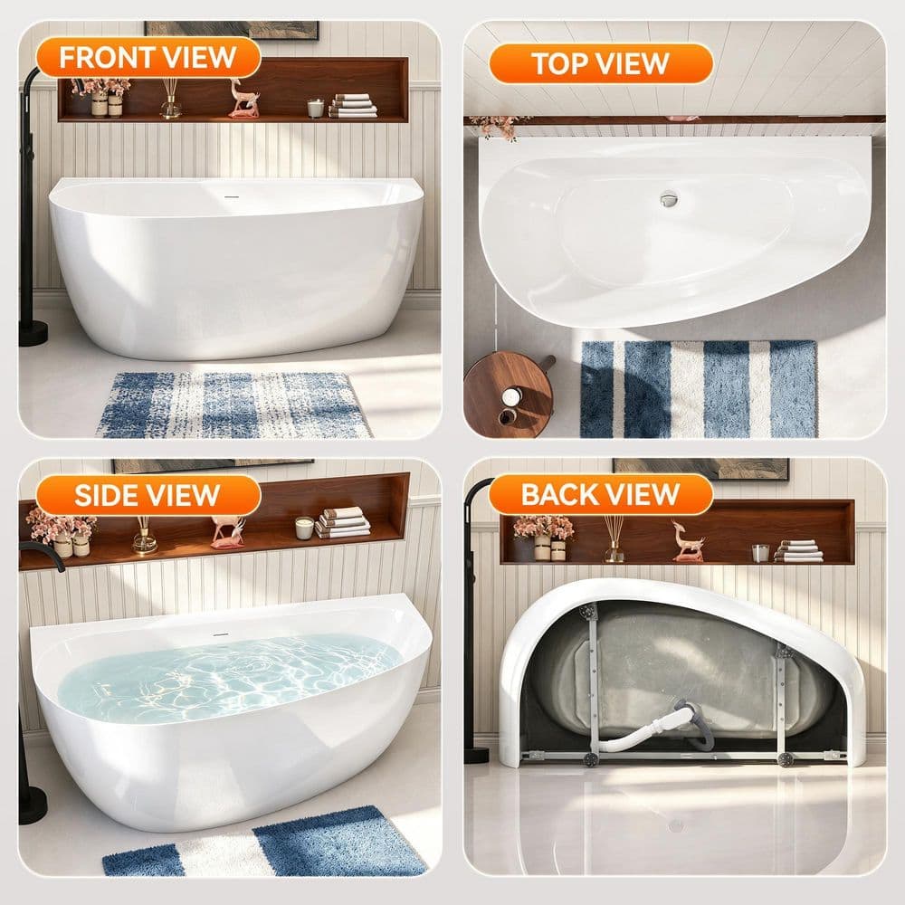 Getpro 63 in. x 30.7 in. Acrylic Back-to-Wall Freestanding Curved Oval Soaking Bathtub with Center Drain in High Gloss White (3)