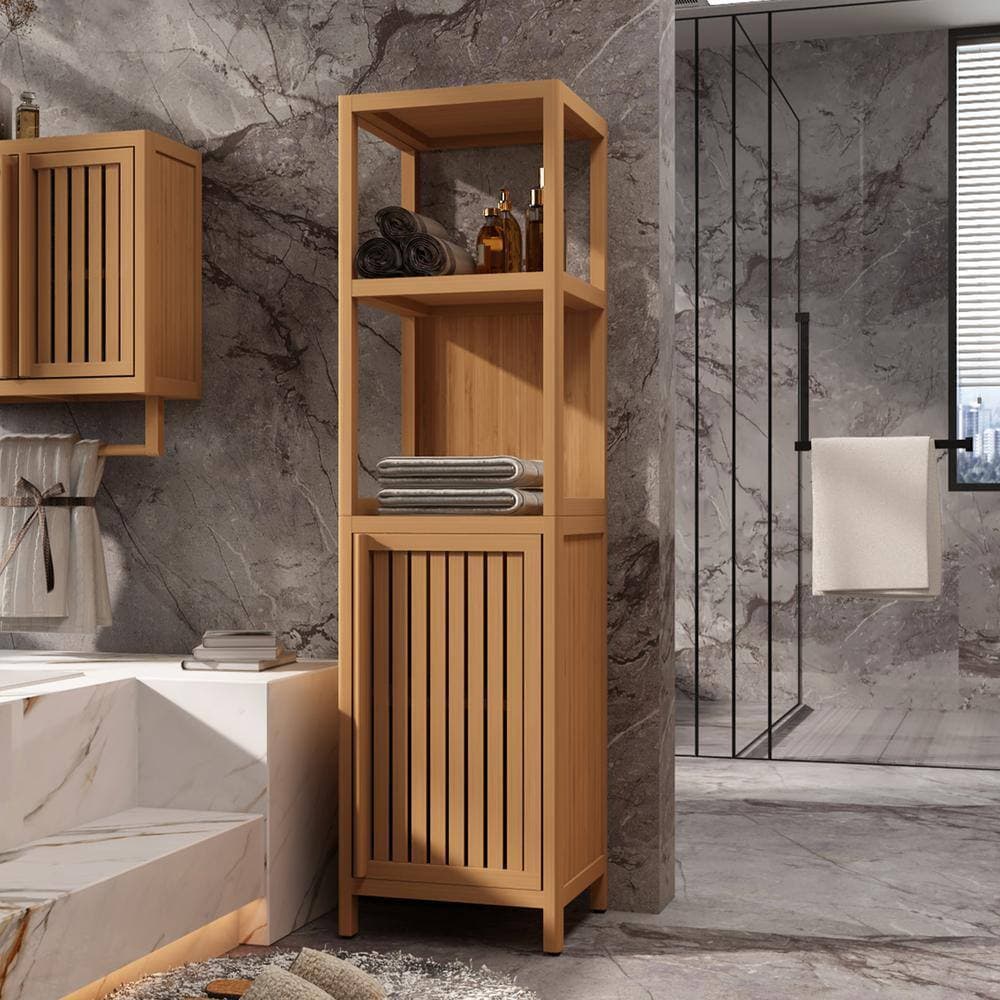 JimsMaison 14 in. W x 13 in. D x 52 in. H Yellow Bamboo Linen Cabinet with Open Shelf (2)