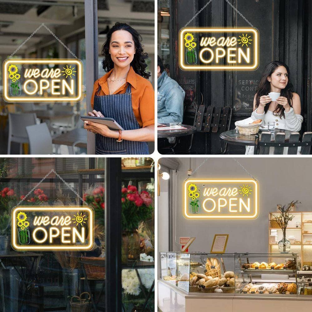Afoxsos Open Sign Flower Sun Print Acrylic Panel Neon Light Warm White ON/OFF Switch Adapter for Window Bar Salon Shop (2)