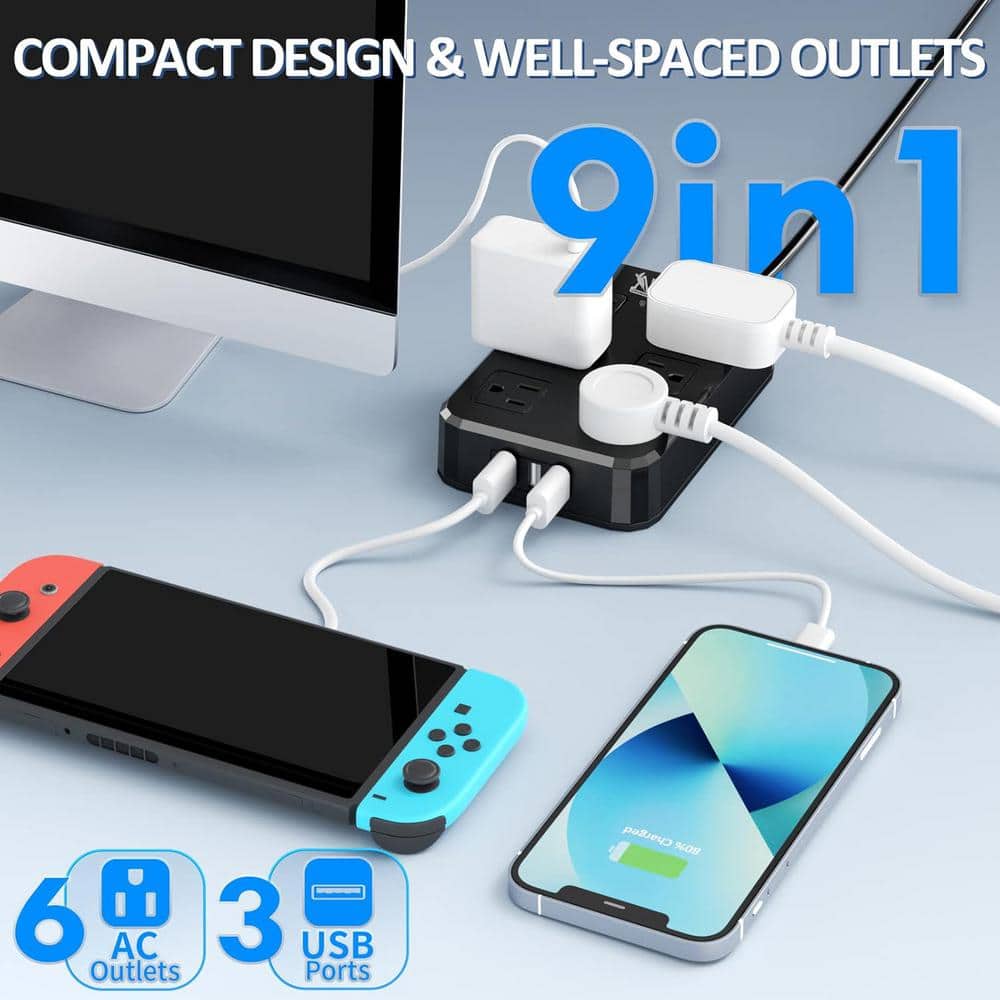 Ahfiwaso 6' IPX6 Waterproof Surge Protector Power Strip, Outdoor Extension Cord with 6 Wide-Spaced Outlets and 3 USB Ports, Black (2)