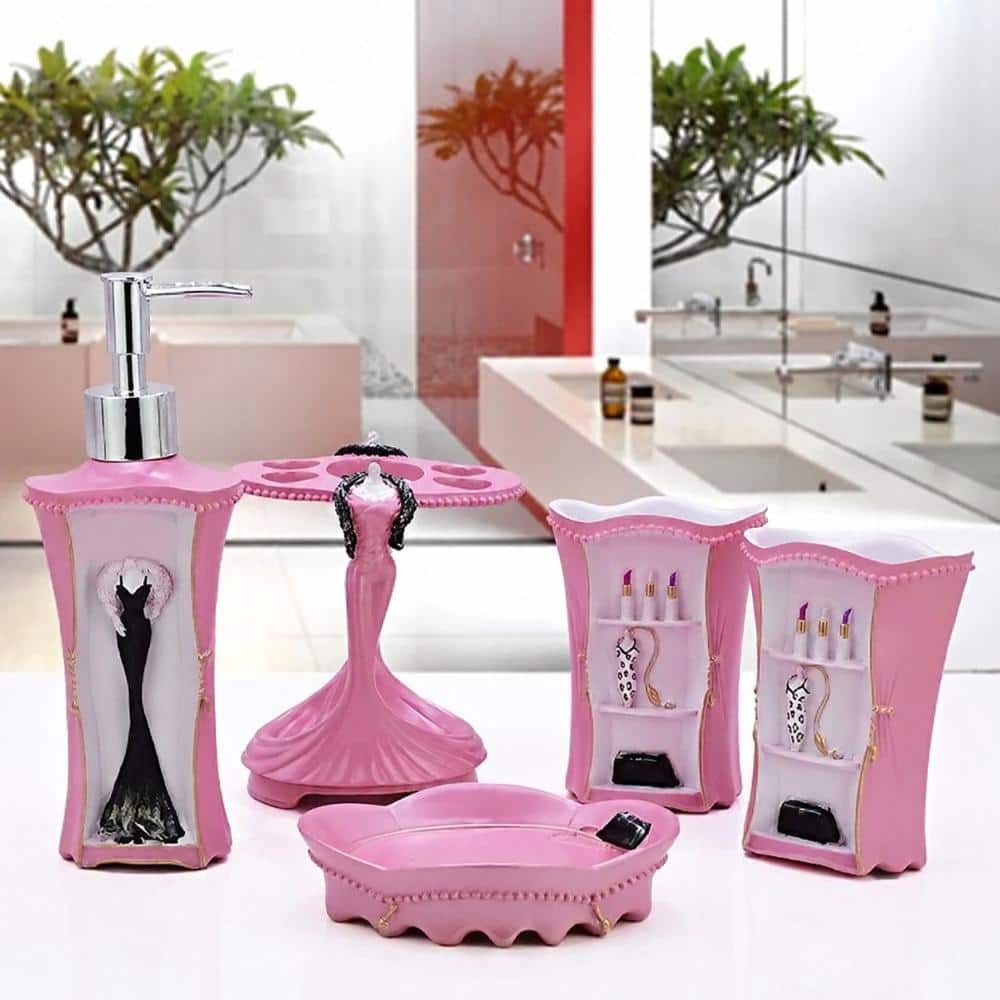 Unbranded 5-Piece Hand-Painted Resin Bath Vanity Accessory Set with Soap Dispenser and Toothbrush Holders in Pink (2)