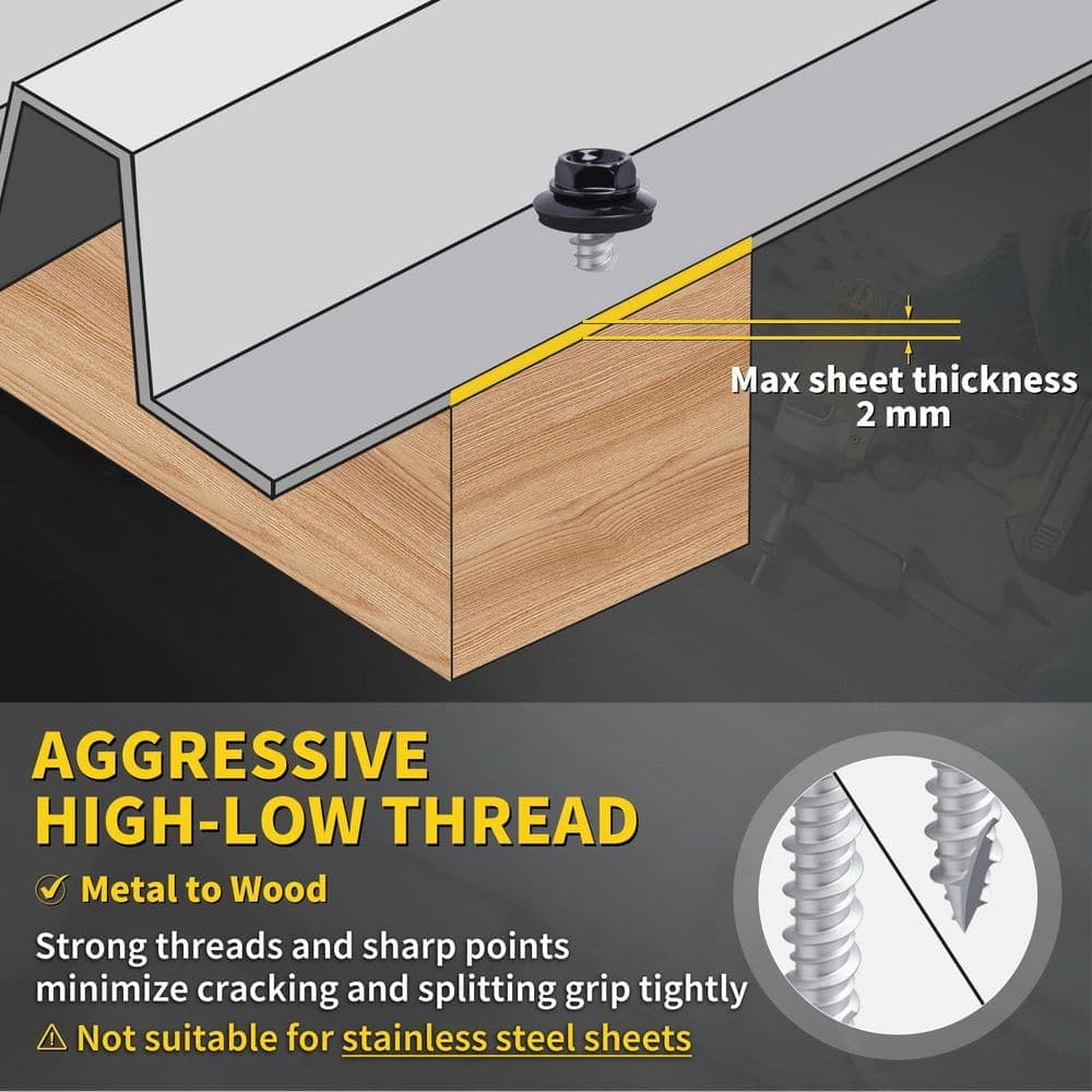 xinyoec 300-Pack Black #10 x 1-1/2 in. Metal Roofing Screws with Hex Socket, Self Tapping Metal to Wood Siding Screws (2)